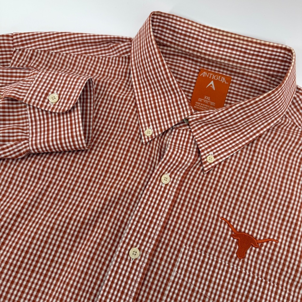 Antigua Button Down Shirt Men XXL Burnt Orange Texas Longhorns Gingham Check